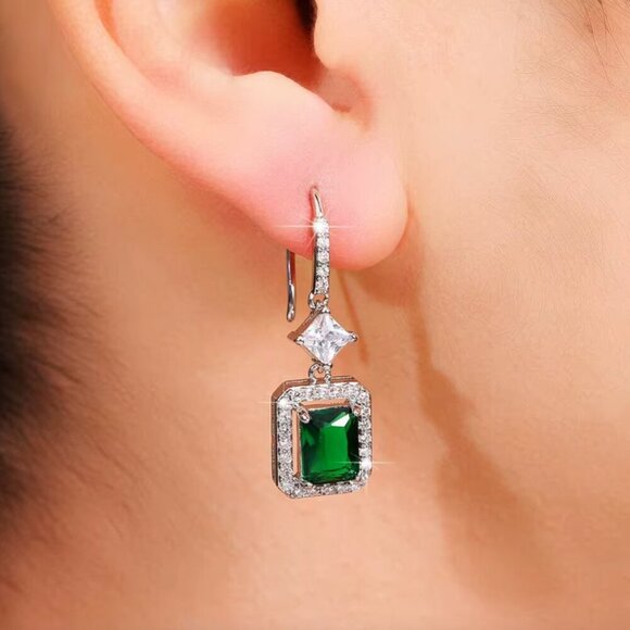 18k White Gold Emerald Green Diamond Earrings Dangle Drop Earrings - Picture 5 of 7